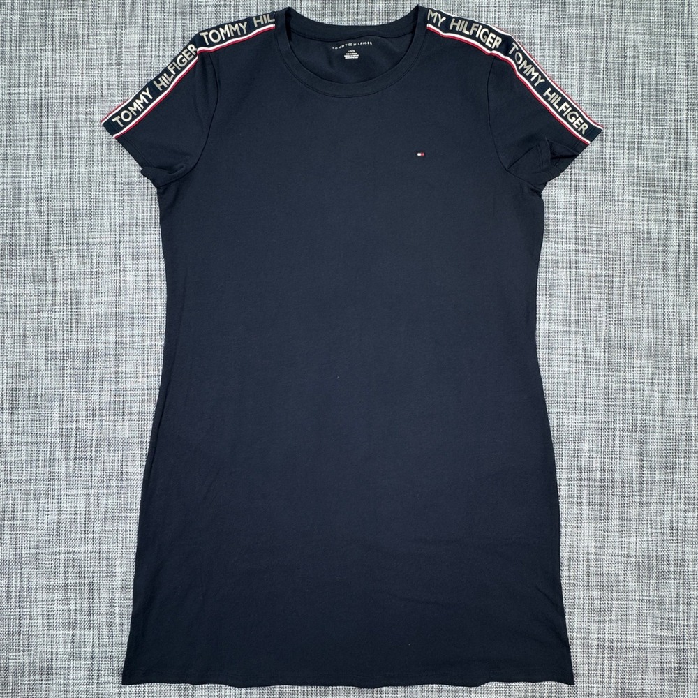 Tommy Hilfiger Women's T-Shirt Dress Navy Blue Logo Tape Sleeve Crew Neck Large
